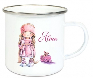 ♥ Tasse Emailletasse Katze Bollerwagen Mädchen Doll, Wunschname, Einschulung KITA Dankeschön, Abschied, Jubiläum, Geschenk, Becher von Lüttentüddel